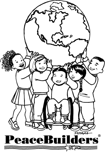 cartoon children holding globe, text reads peacebuilders